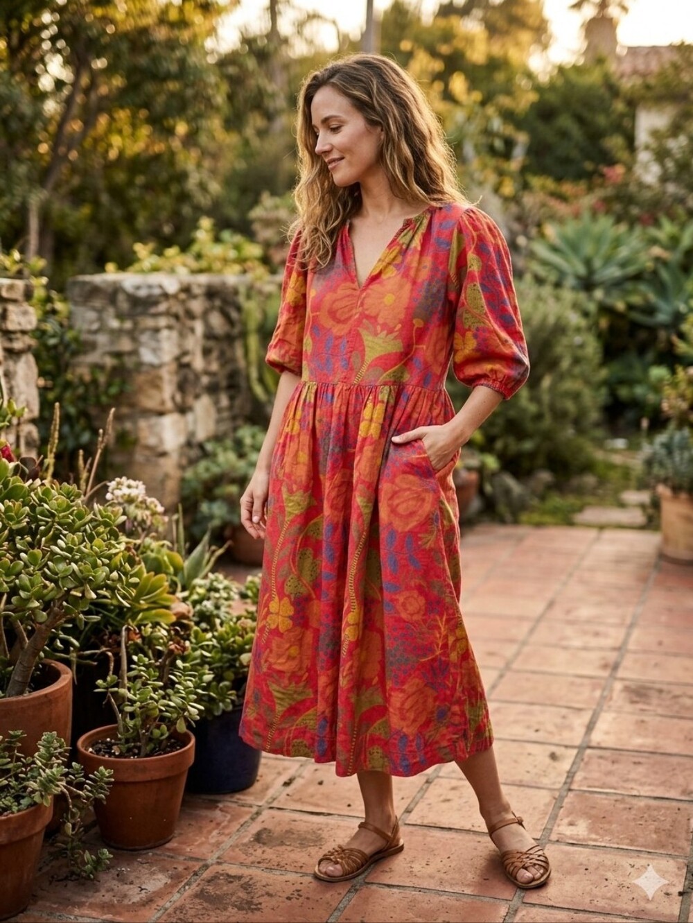 Velvet by Graham & Spencer Red Botanical Puff-Sleeve Midi Dress